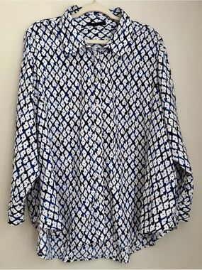 Lane Bryant Blue and White Geometric Button-Down Shirt